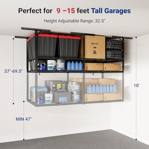 fleximounts 4x8 2-tier overhead ceiling garage storage rack showing dimensions