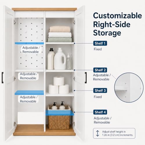 68.9" wooden broom closet storage cabinet with perforated showing dimensions