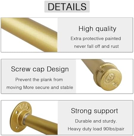 ovov gold industrial pipe shelf brackets heavy duty, close-up detail