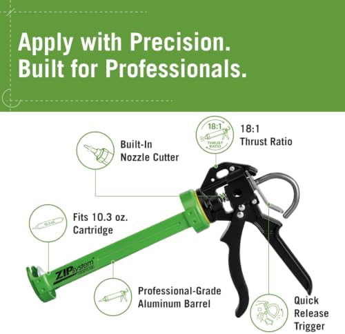 zip system liquid flash cartridge applicator, caulk gun shown in use