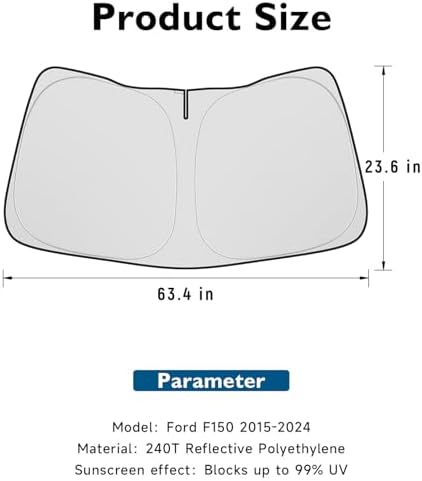 BIBLOZ Car Windshield Sun Shade for Ford F150 2015-2025 2026, Lariat, Tremor, King Ranch, Platinum, Raptor, XL, XLT Accessories Foldable Sunshade PET Reflective Material Blocks UV Rays Front Visor