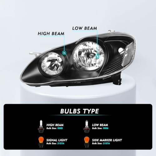 TUSDAR Headlight Assembly Replacement for Toyota Corolla 2003 2004 2005 2006 2007 2008 Headlamps Replacement Passenger and Driver Side, Black Housing with Clear Reflector