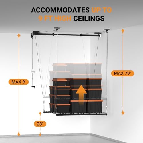 adjustable overhead garage storage rack, 4x4ft garage ceiling, front angle view