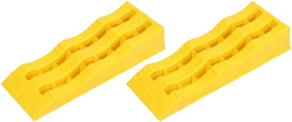RV Camper Leveling Blocks Ramps 3-Stage Yellow Trailer Wheel Chocks for Stabilizing Uneven Ground – Pair