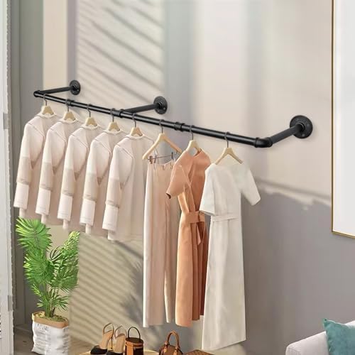 industrial iron pipe clothes hanging bar diy wall-mounted shown in use