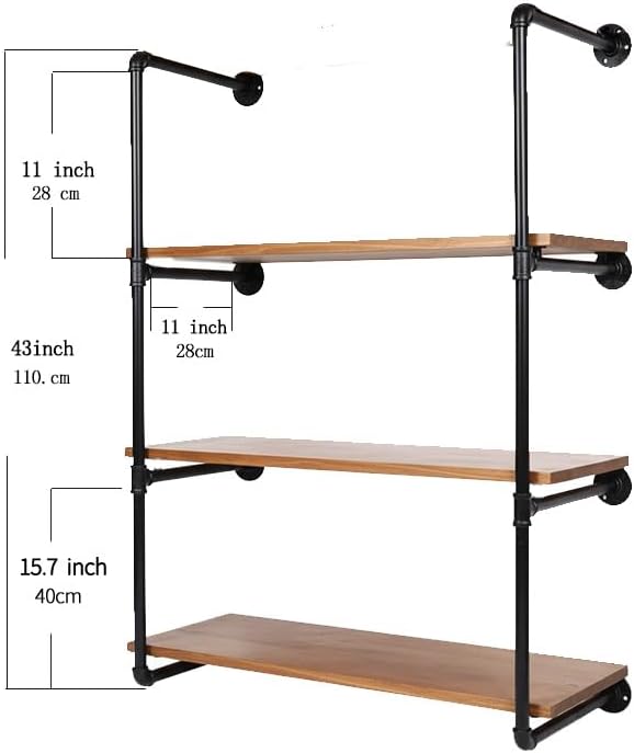4-tier industrial pipe shelving bracket system, black iron, close-up detail