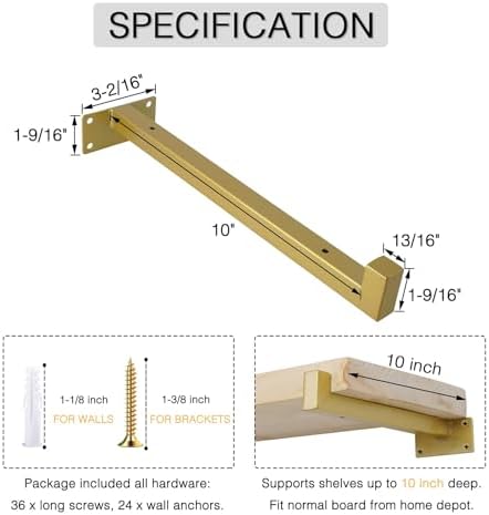 ovov 6 pack 10 inch gold shelf brackets, close-up detail