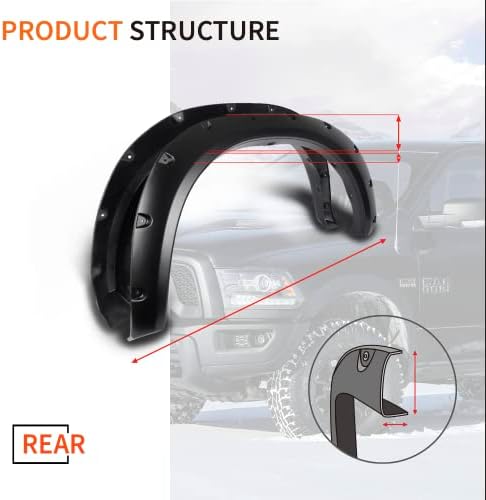 PIT66 Fender Flares 4 PCS Compatible With Dodge Ram 1500 2009-2018 Fit Dodge Ram 1500 Classic 2019-2022 (Excludes R/T & Rebel) Smooth Matte Pocket Riveted Style Wheel Flares Set Black