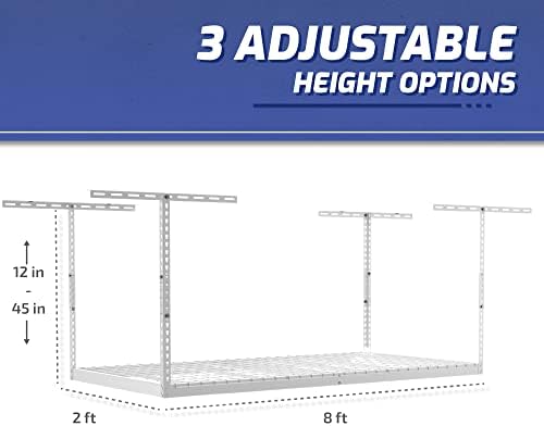 saferacks 2x8 overhead garage storage rack, white, 24"-45" showing dimensions