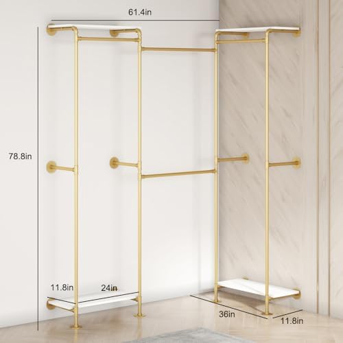 kakabb industrial pipe clothing rack with shelves, wall, package contents