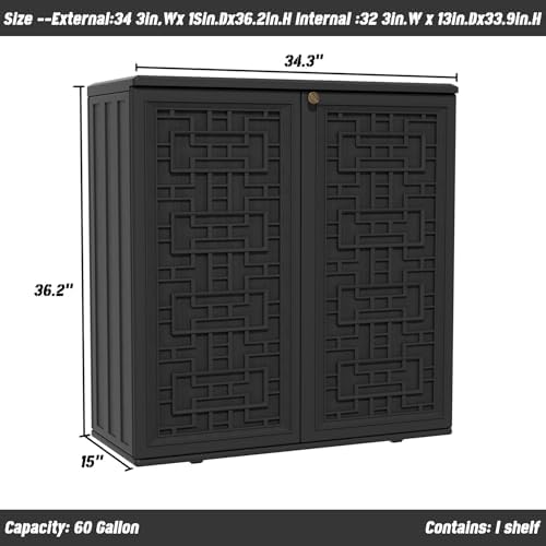 mrosaa outdoor storage cabinet waterproof with shelf,resin storage showing dimensions