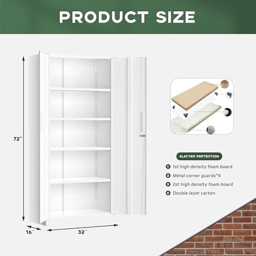 greenvelly white metal storage cabinet for garage, 72”, close-up detail