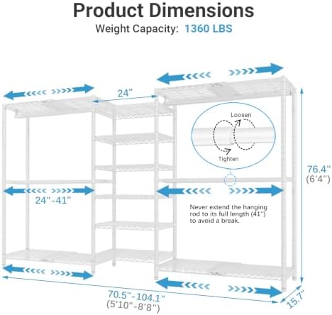 vipek x3 plus large expandable closet rack wardrobe showing dimensions