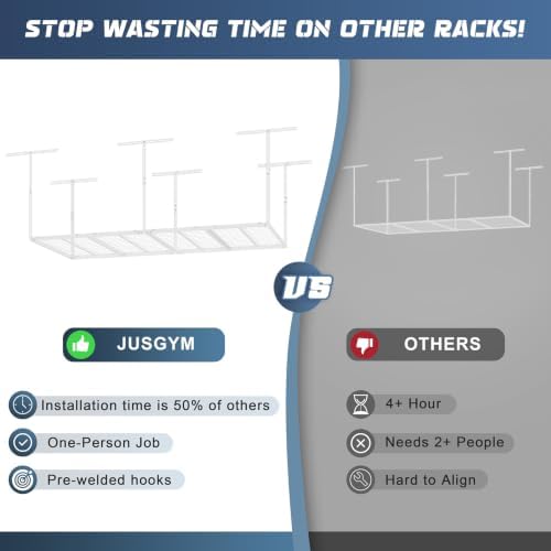 jusgym 3x8ft overhead garage storage rack, 26"-40" height on a desk or shelf