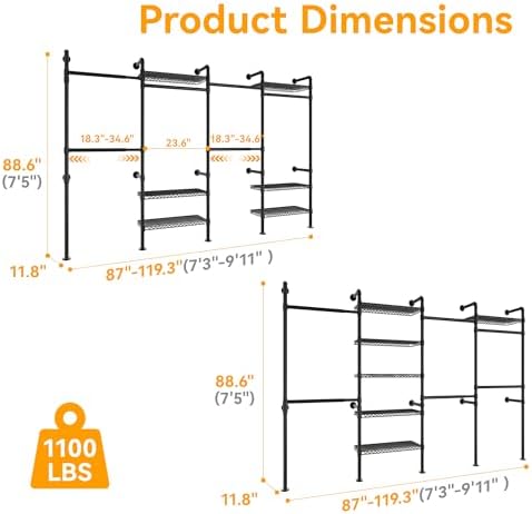 higeego w4 wall mounted clothes rack, industrial pipe showing dimensions
