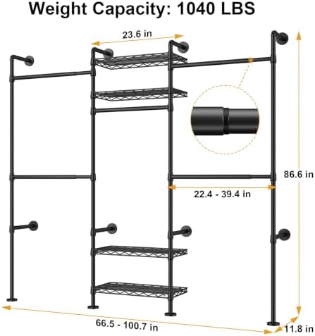 ulifhome m7 wall-mounted clothes rack, heavy-duty garment closet showing dimensions