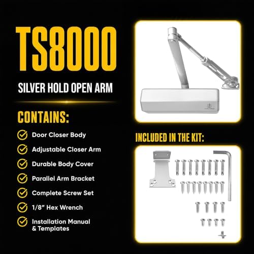 ts8000 commercial door closer, hold-open arm (silver), package contents