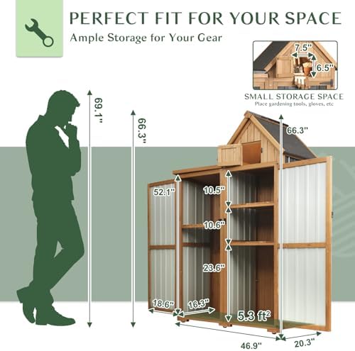 outdoor storage cabinet weatherproof with 3 adjustable shelves shown in use