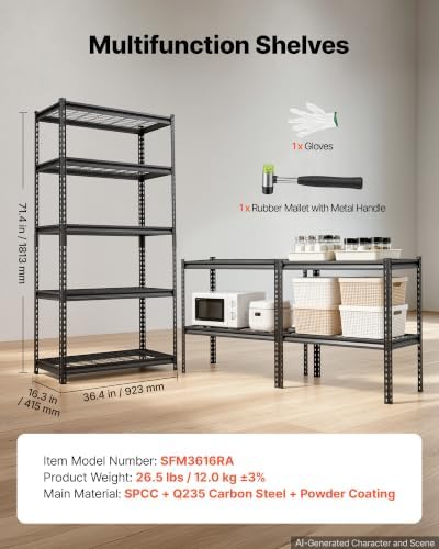 vevor storage shelves, 5-tier 2000 lbs garage shelving, front angle view