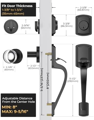 black front door handle and deadbolt set with showing dimensions