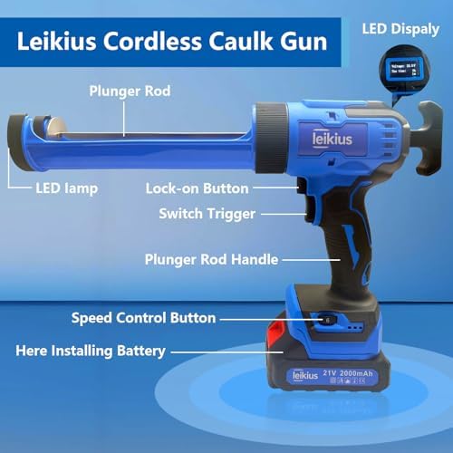 electric caulk gun with led light, 6 speed shown in use