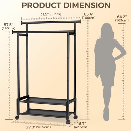 double rod clothing rack with 2 shelves, rolling, close-up detail