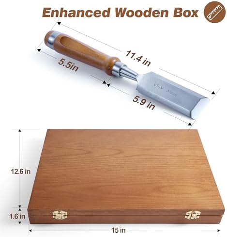 cr-v60 steel wood chisel set with sharpening kit on a desk or shelf
