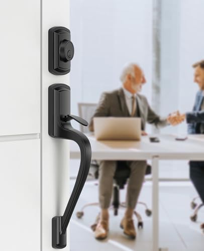 black front door handle and deadbolt set with, front angle view