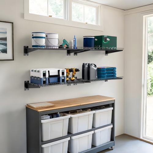 garage wall shelving 24"x12" 2-pack, wire wall shelves shown in use