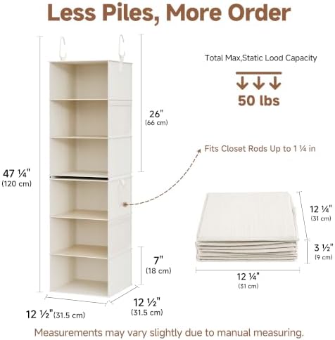 storageworks hanging closet organizer, 6-shelf with 2-in-1 design, close-up detail