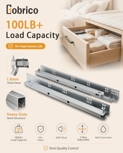 gobrico undermount drawer slides bottom mount soft close, close-up detail