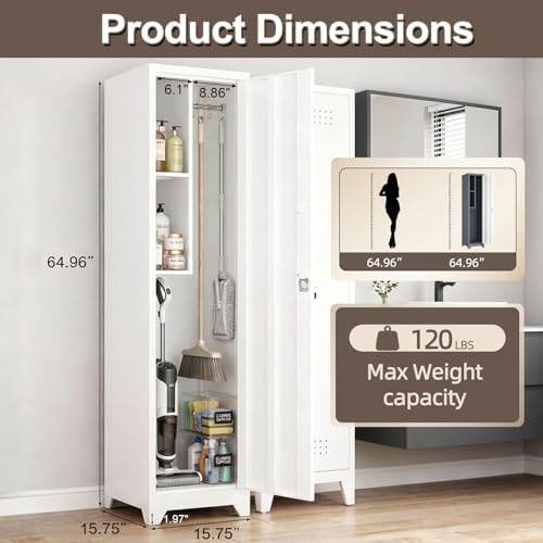 slim broom closet storage cabinet, 65" h metal, close-up detail