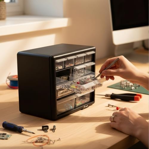 homak 12-drawer parts organizer, black, ha01012001 shown in use