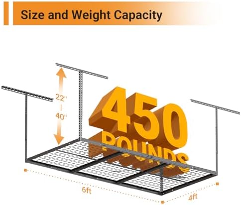 4x6ft overhead ceiling garage storage rack, 450lbs capacity shown in use