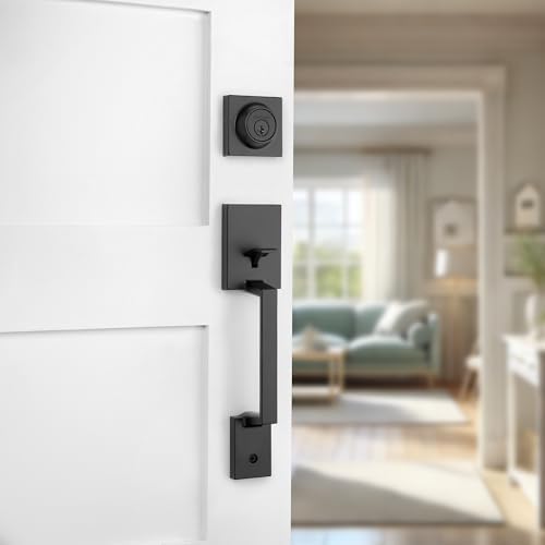kwikset amador front door lock handle and deadbolt shown in use
