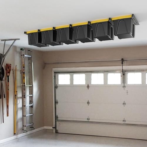 torack garage ceiling bin storage rack, overhead tote shown in use
