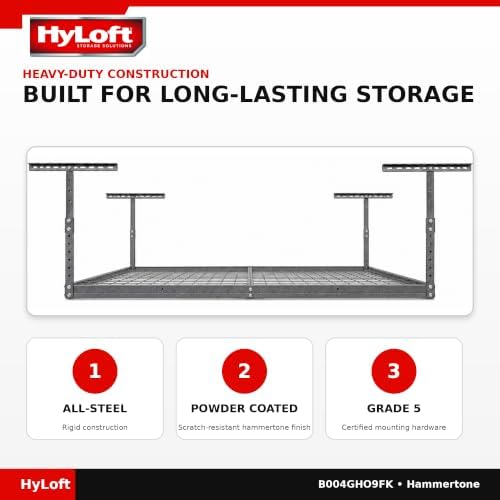 hyloft overhead steel garage storage system, ceiling rack, front angle view