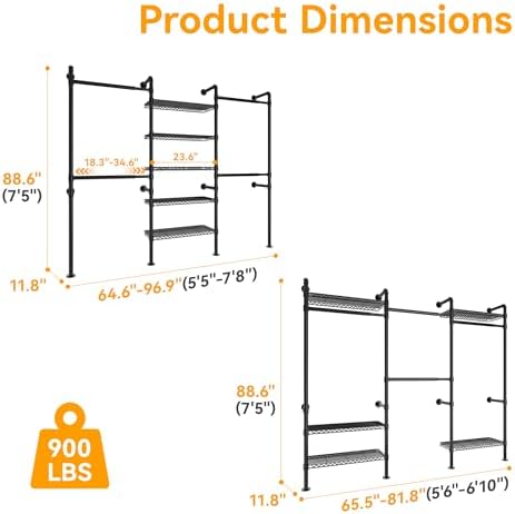 higeego w3 wall mounted clothes rack, industrial pipe showing dimensions