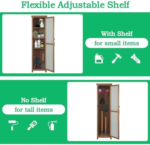 tall outdoor storage cabinet, weatherproof wooden garden potting, front angle view