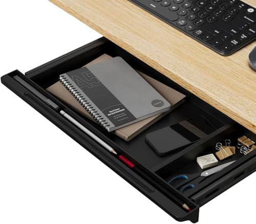 under desk mounted sliding drawer to pull out, front angle view