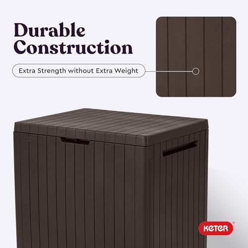 keter city 30 gallon resin outdoor storage box on a desk or shelf