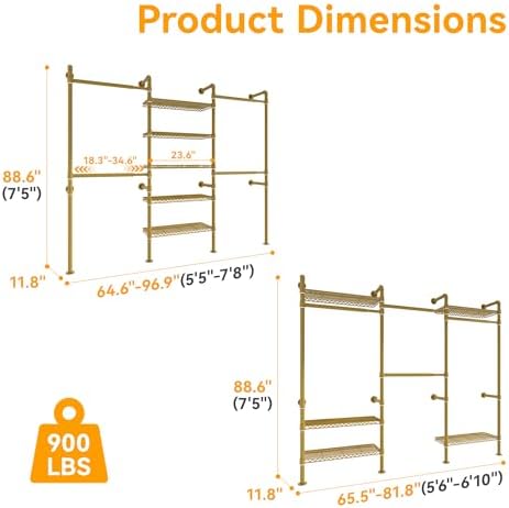 higeego w3 wall mounted clothes rack, industrial pipe showing dimensions