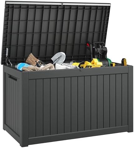 300 gal deck box,outdoor storage box waterproof lockable,gas, front angle view