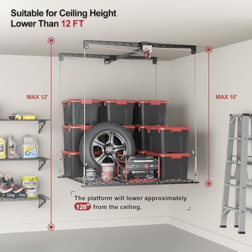 overhead garage storage rack for 10–12 ft ceiling shown in use