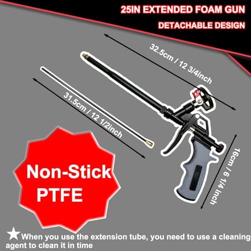 25inches extended foam gun,ptfe-coated professional expanding foam gun,foam showing dimensions