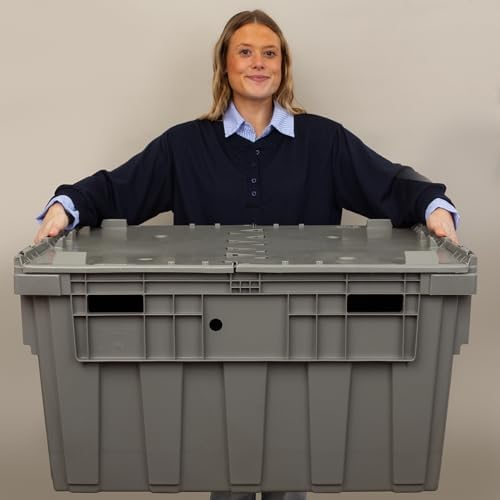 buckhorn industrial lidded plastic storage container, nesting and shown in use
