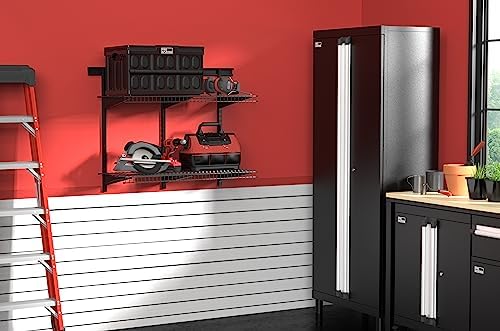 closetmaid heavy duty wall shelf kit for garage showing dimensions