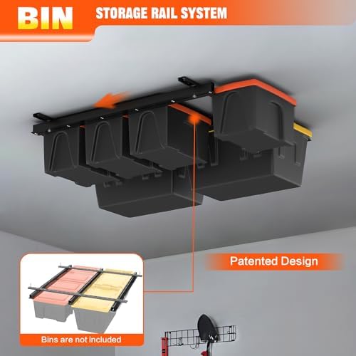 torack garage ceiling bin storage rack, overhead tote shown in use