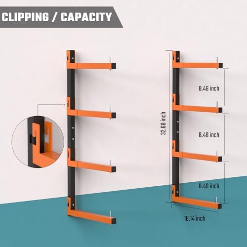 lumber storage rack wall mount, metal 8-level wood, close-up detail