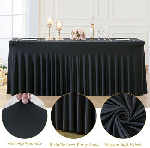 Besutolife 4 Pack Black Spandex Table Cloth for 6ft Rectangle Tables, Wrinkle...